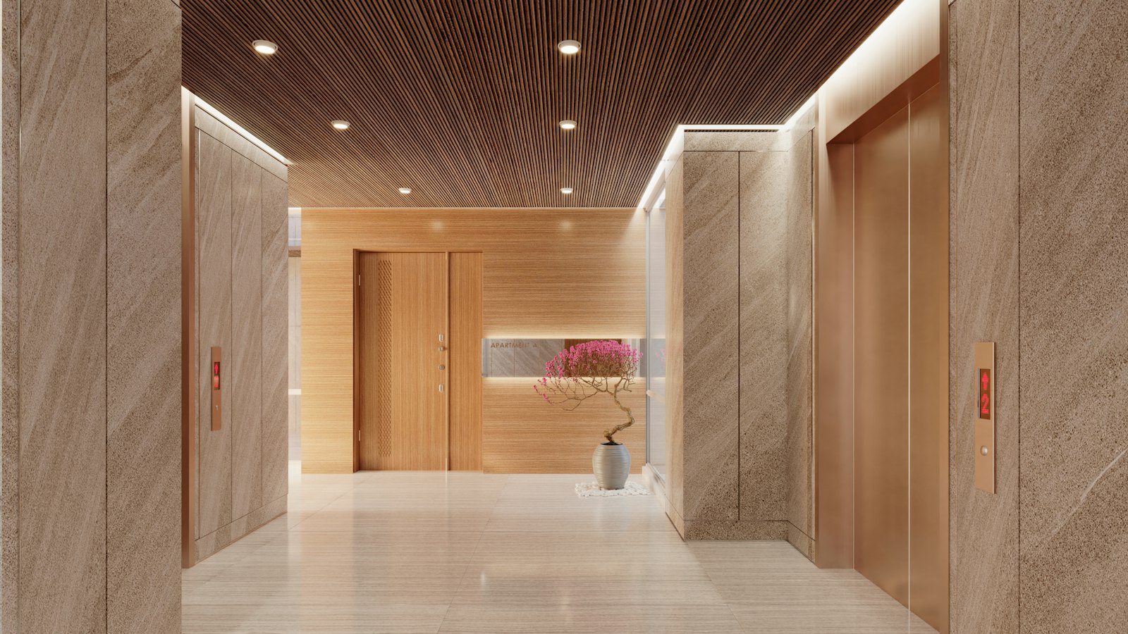 Hall de entrada de um prédio com elevadores e chão de pedra clara