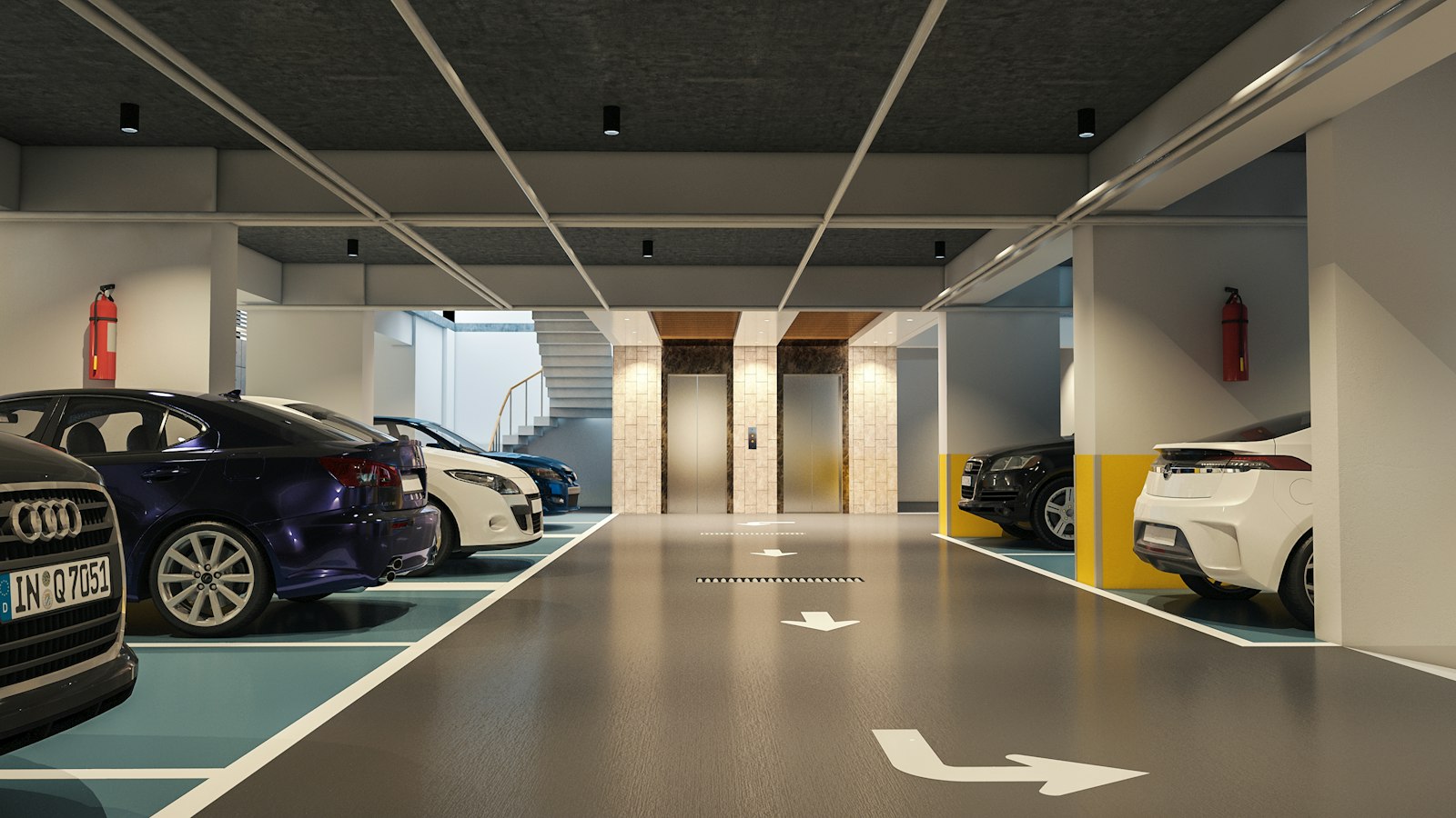 Garagem de um condomínio com carros estacionados e pavimento limpo